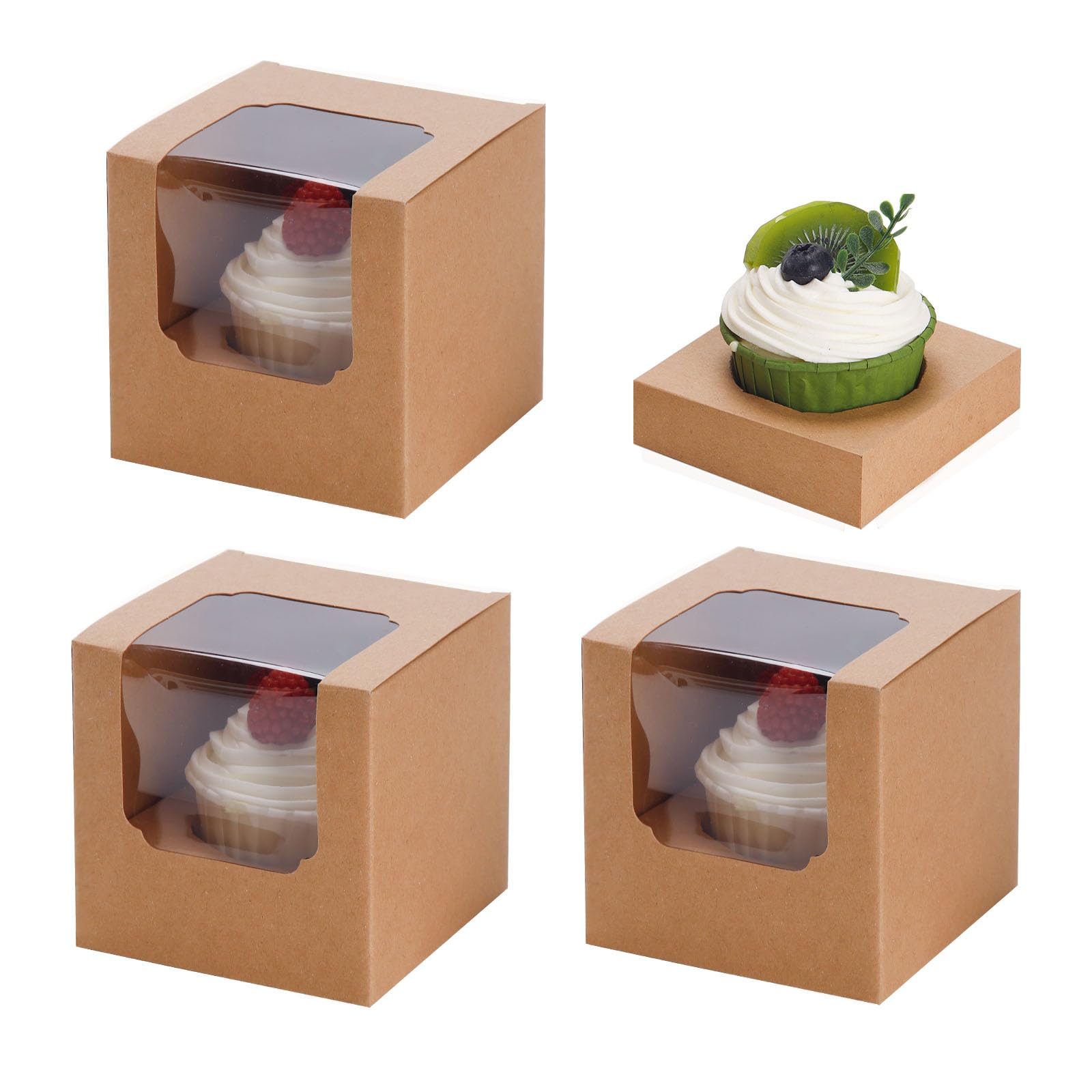 25 Pcs Cupcake Boxes Individual Cupcake Containers Pre-Assembled Single Cupcake Boxes 3.5"x3.5"x3.5" with 25 Pcs Inserts for Cupcakes Muffins Party Favors(Brown)