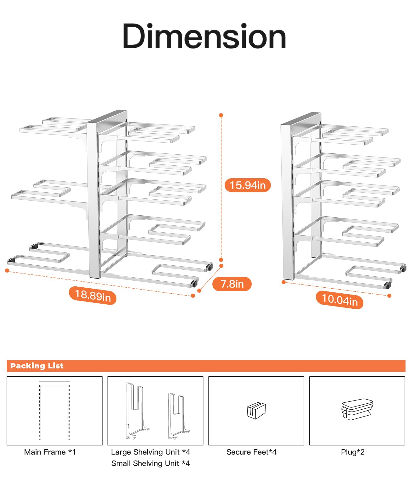 ORDORA Pots and Pans Organizer for Cabinet 16.61 Height, 8 Tier Pot Organizers Rack with 3 DIY Methods, Adjustable Pan Organizer under Cabinet Kitchen Organization and Storage