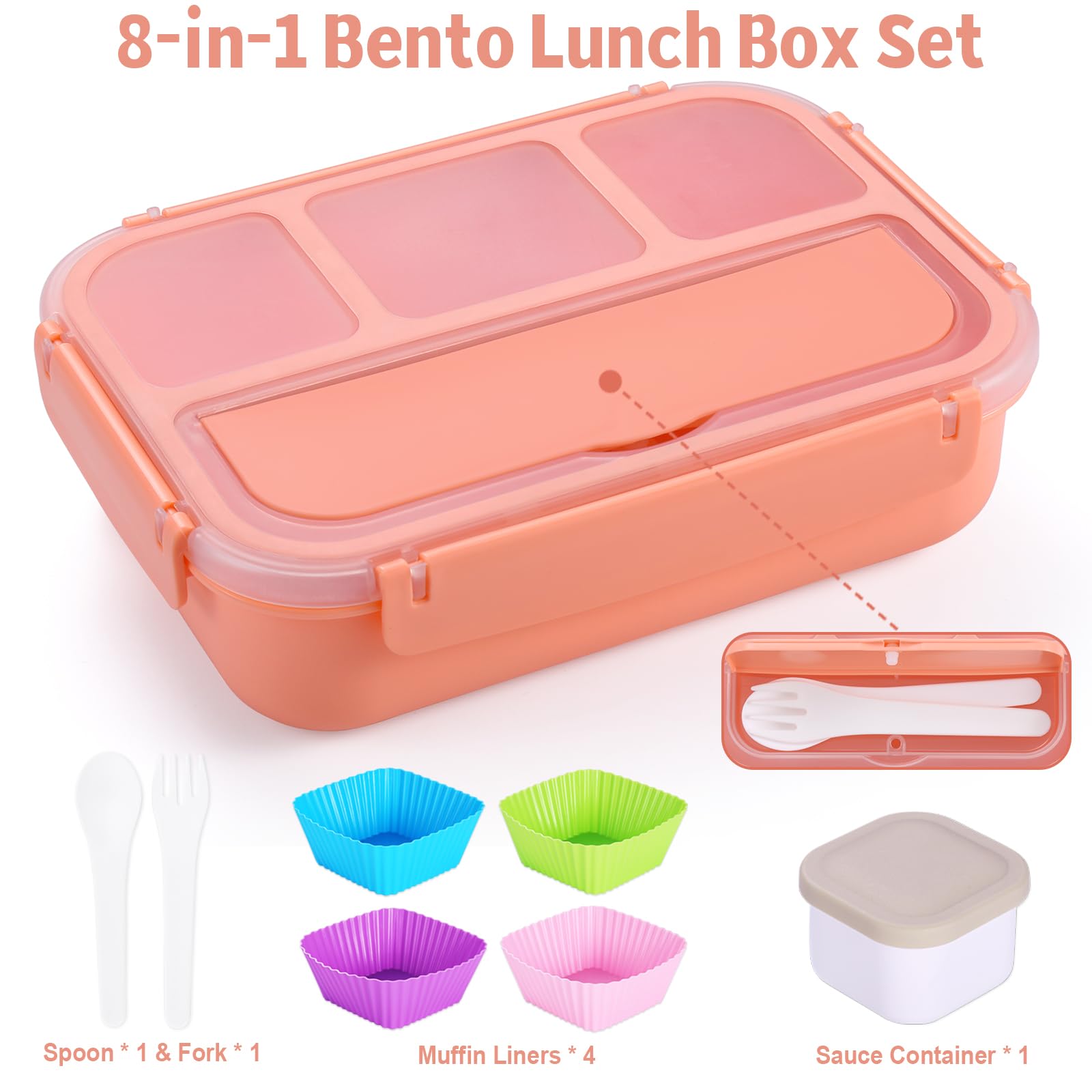 Bento Box Adult Lunch Box, Containers for Adults Men Women with 4 Compartments, Lunchable Food Container with Utensils, Sauce Jar, Muffin Liners, 40 Oz/5 Cup, Microwave & Dishwasher Safe, Brown