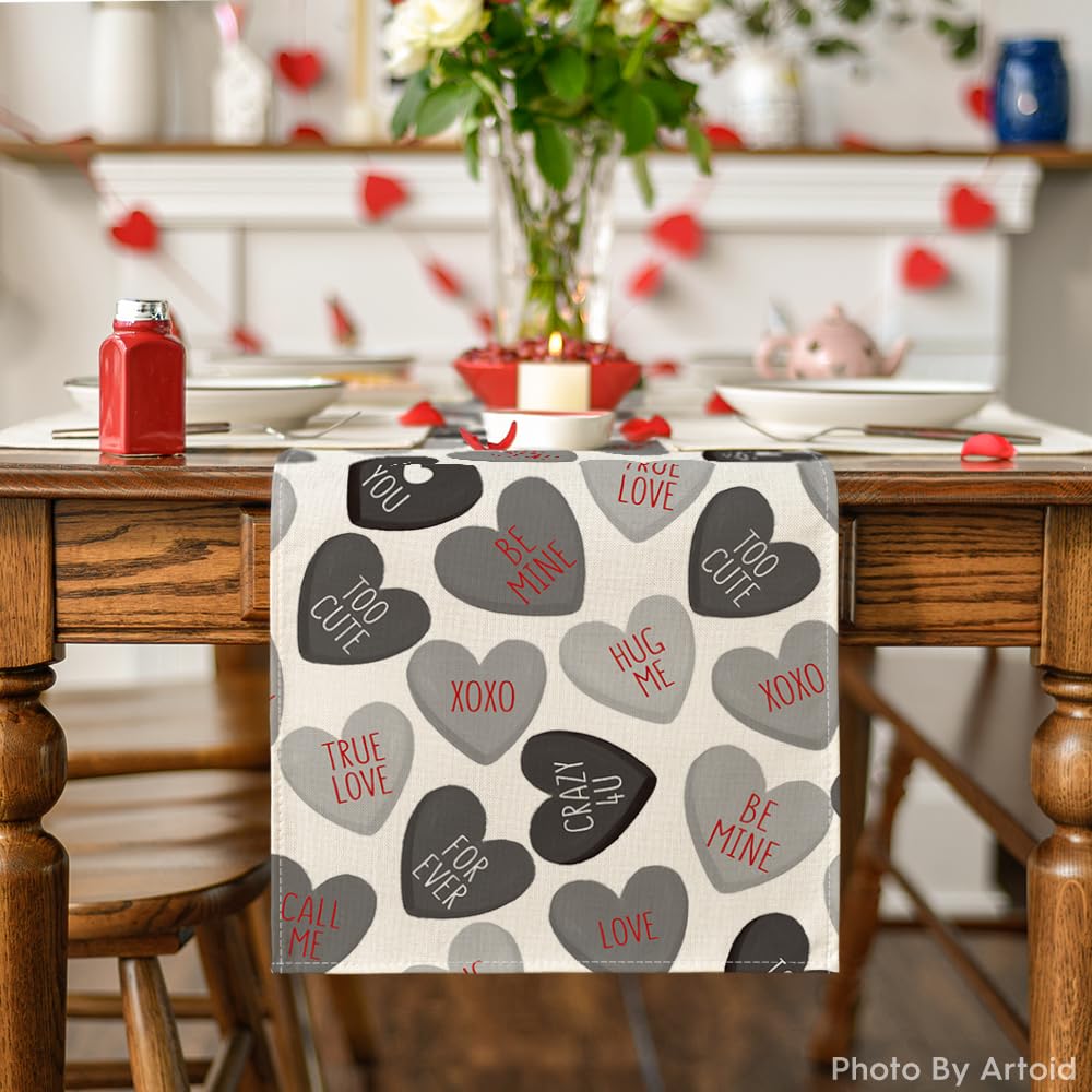 Artoid Mode Ture Love Heart Valentine's Day Table Runner, Seasonal Kitchen Dining Table Decoration for Home Party Decor 13x72 Inch