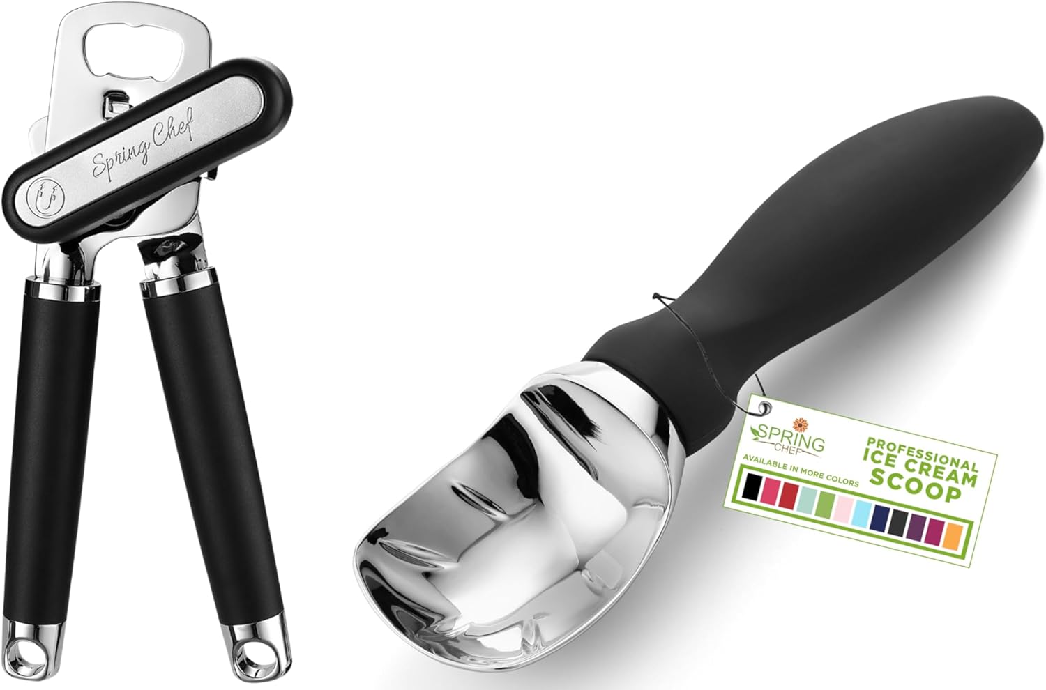 Spring Chef Stainless Steel Can Opener with Smooth Edge & Heavy Duty Professional Ice Cream Scoop - 2 Product Bundle - Black