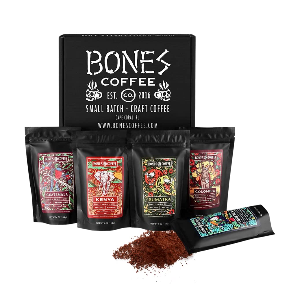 Bones Coffee Company NEW Favorite Flavors Sample Pack, Assorted Flavored Coffee Low Acid Medium Roast Arabica Beans Specialty Coffee Gifts, Auto Drip and French Press Compatible, 4 oz Pack of 5 Ground
