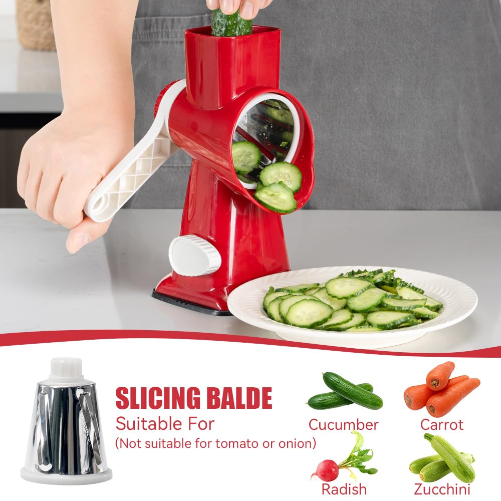 KEOUKE Rotary Cheese Grater Hand Crank Transparent - Shredder Slicer Grinder 3 Stainless Steel Blades, Stable Suction, Labor-Saving Handle, Safe Kitchen Tool for Cheese, Vegetable, Nuts, Chocolate