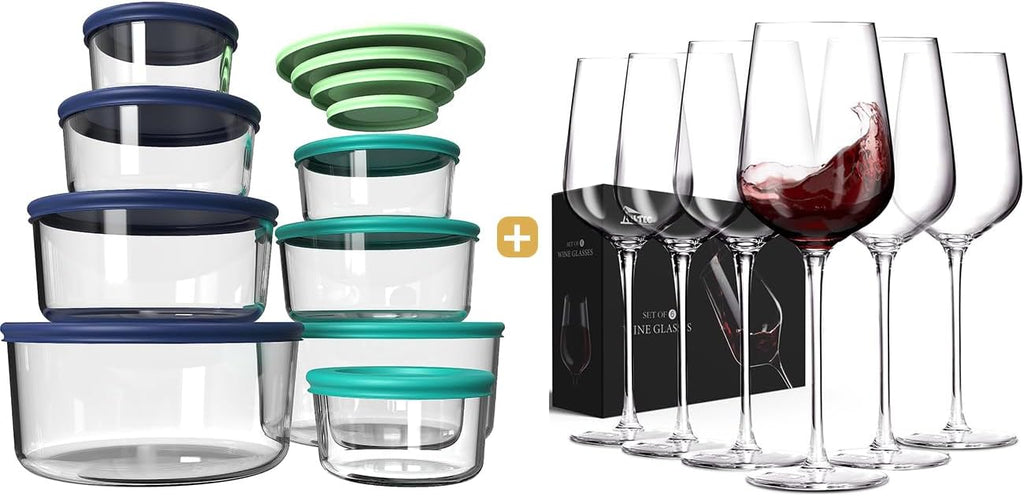 8 pack Glass Food Storage Containers with Simply Lid,Wine Glasses Set of 6, Crystal Glass with Stem for Drinking