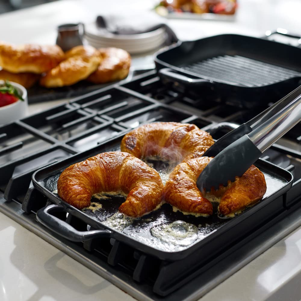All-Clad Cast Iron Enameled Square Grill with Acacia Trivet 11 Inch Induction Oven Broiler Safe 650F Pots and Pans, Cookware Black