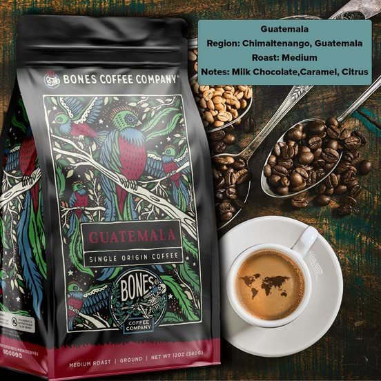 Bones Coffee Company Ethiopia Single-Origin, Citrus, Floral and Berries Notes, Whole Coffee Beans, Low Acid Medium Roast Arabica Beans Flavored Coffee, 12 oz Whole Bean
