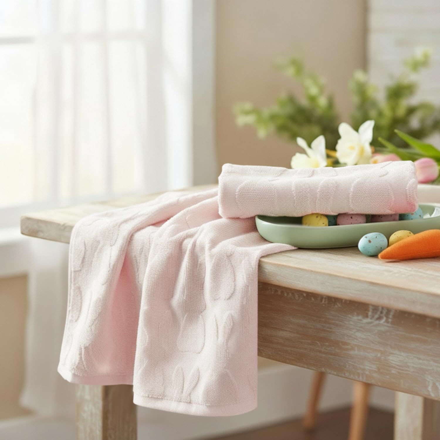 Artoid Mode 2 Pcs Beige 3D Rabbit Jacquard Easter Hand Towels for Bathroom, 100% Cotton Soft Absorbent Bathroom Decor Towels, 13.7 x 29.5 Inch