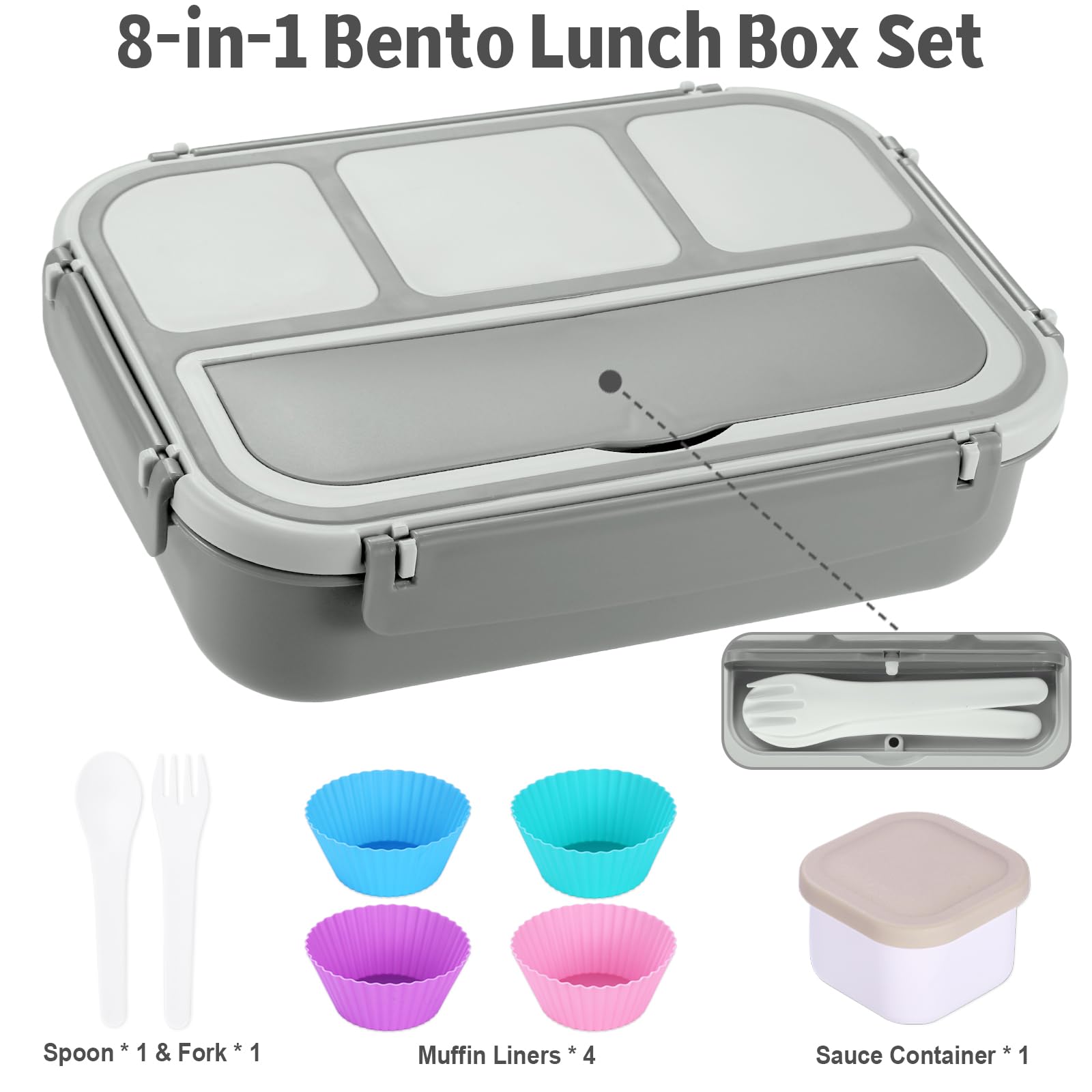 Bento Box Adult Lunch Box, Containers for Adults Men Women with 4 Compartments, Lunchable Food Container with Utensils, Sauce Jar, Muffin Liners, 40 Oz/5 Cup, Microwave & Dishwasher Safe, Brown