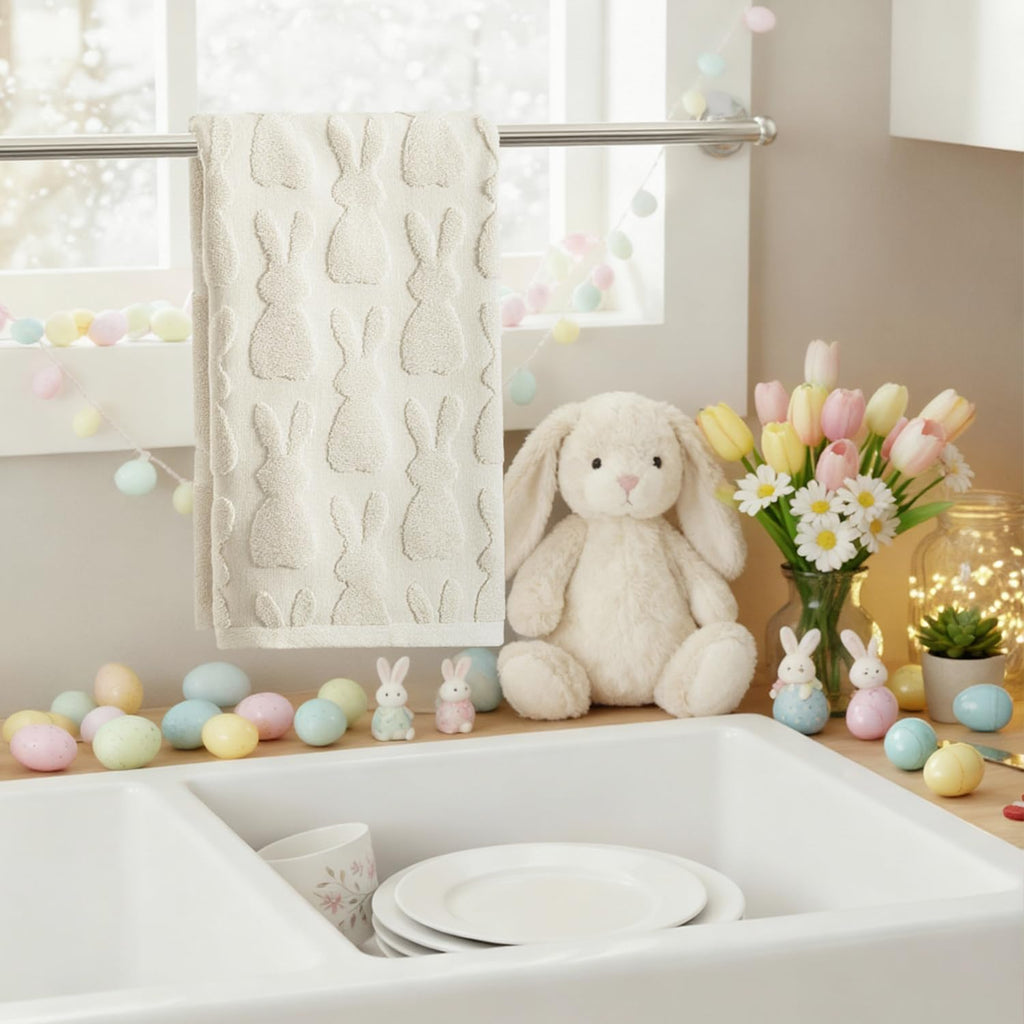 Artoid Mode 2 Pcs Beige 3D Rabbit Jacquard Easter Hand Towels for Bathroom, 100% Cotton Soft Absorbent Bathroom Decor Towels, 13.7 x 29.5 Inch