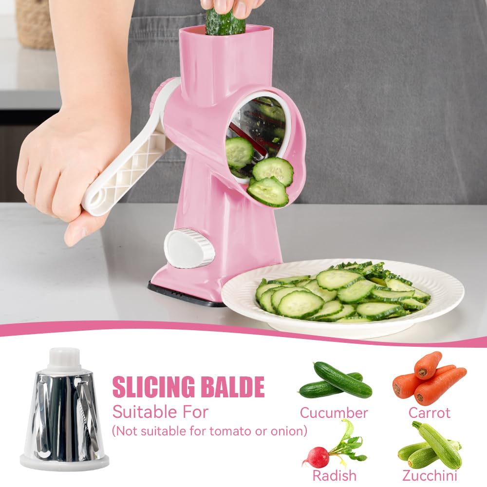 KEOUKE Rotary Cheese Grater Hand Crank Transparent - Shredder Slicer Grinder 3 Stainless Steel Blades, Stable Suction, Labor-Saving Handle, Safe Kitchen Tool for Cheese, Vegetable, Nuts, Chocolate