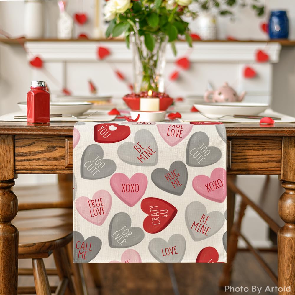 Artoid Mode Ture Love Heart Valentine's Day Table Runner, Seasonal Kitchen Dining Table Decoration for Home Party Decor 13x72 Inch
