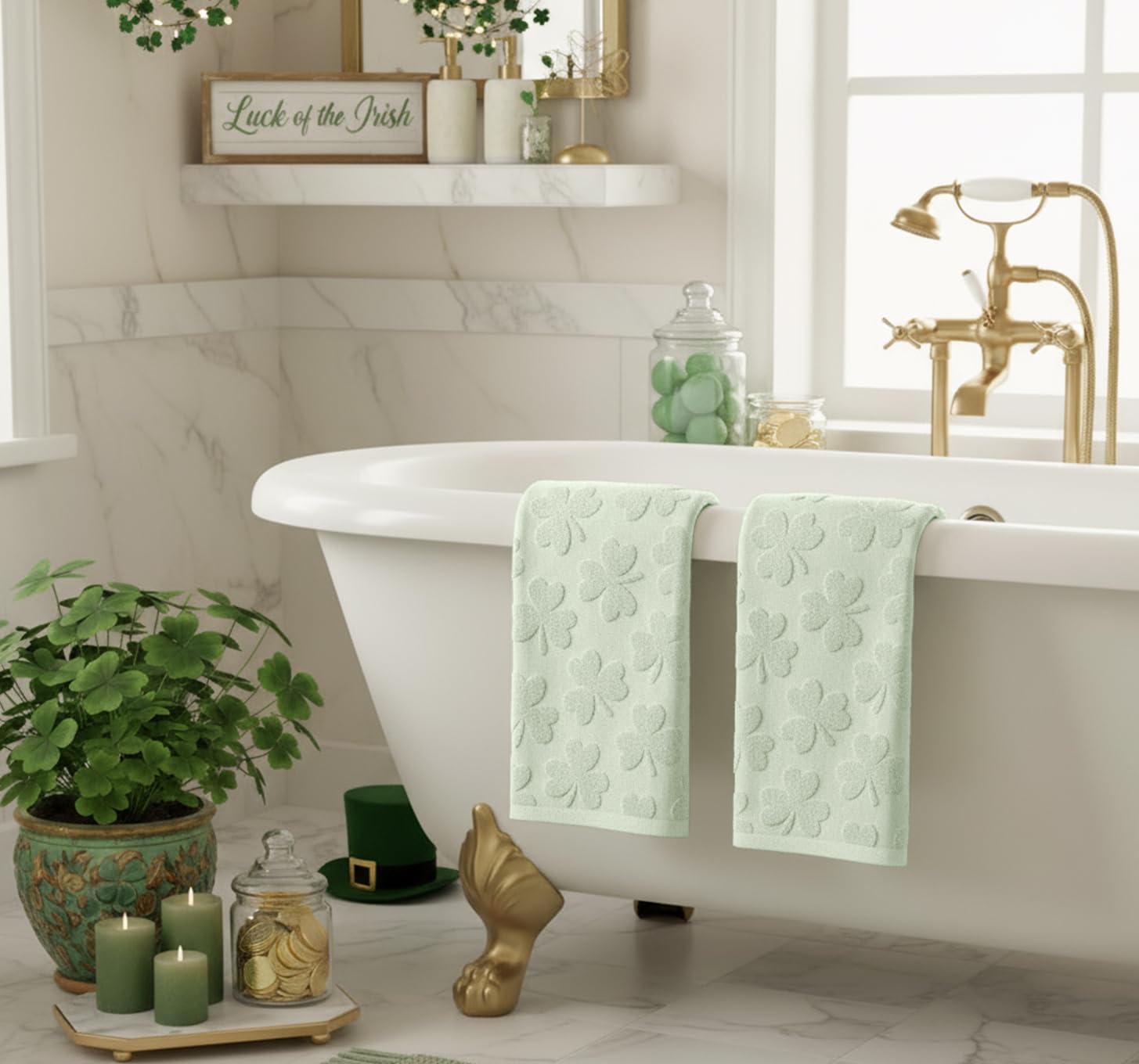 Artoid Mode 2 Pcs Dark Green 3D Shamrock Jacquard Patrick Hand Towels for Bathroom, 100% Cotton Soft Absorbent Bathroom Decor Towels, 13.7 x 29.5 Inch