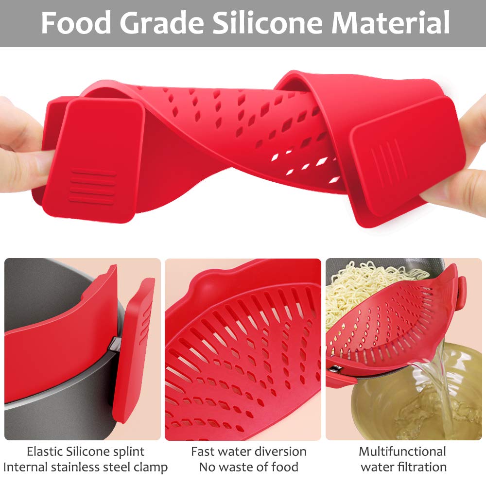 YEVIOR Clip on Strainer for Pots Pan Pasta,Silicone Food Pan Strainer | Food-grade BPA-free,Kitchen Food Strainer for Spaghetti, Pasta,Vegetable Fruits Fits All Bowls and Pots (Green)