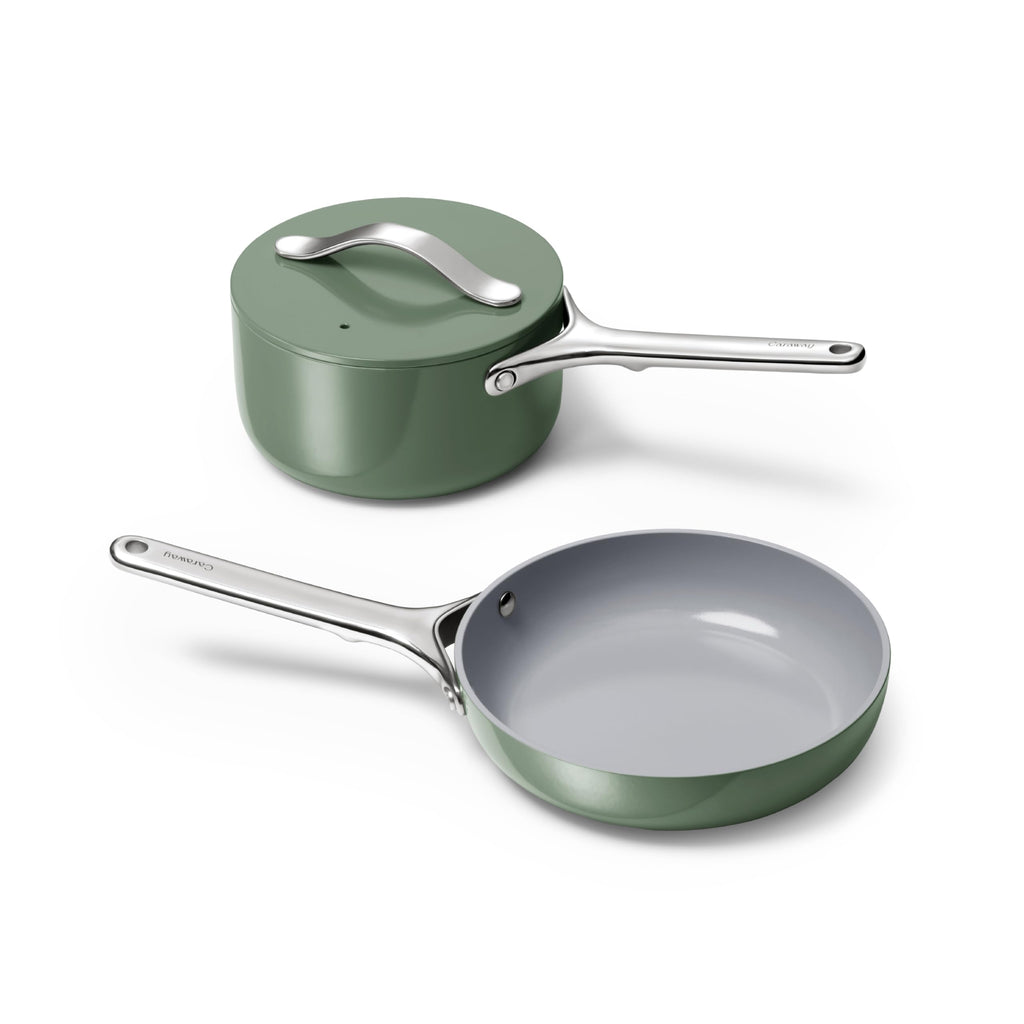 Caraway Mini Cookware Set - Non-Stick Ceramic Fry Pan (1.05 qt, 8") Sauce Pan (1.75 qt) & Storage Rack - Non Toxic, PTFE & PFOA Free - Oven Safe & Stovetop Agnostic (Gas, Electric & Induction) - Cream