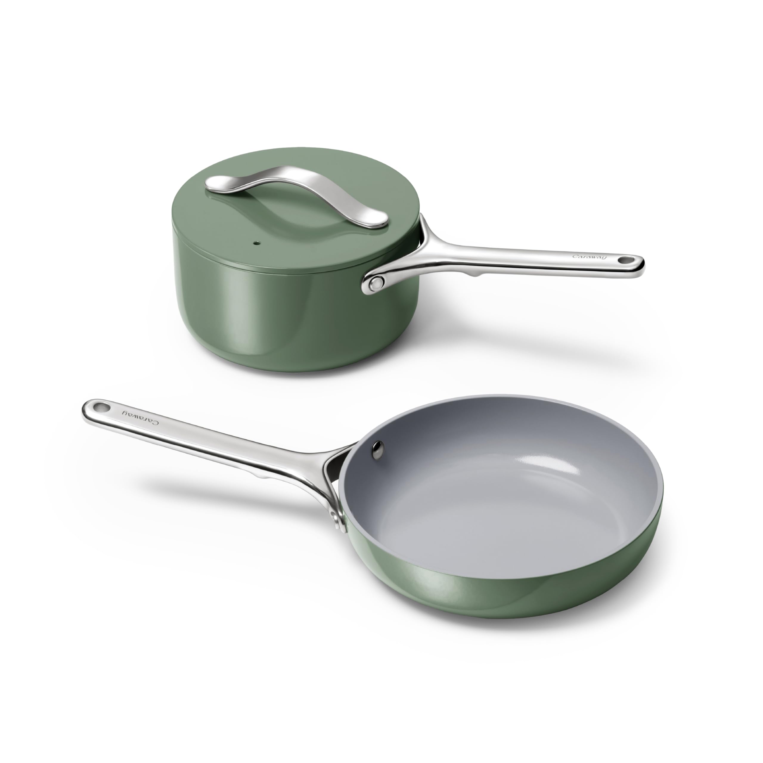 Caraway Mini Cookware Set - Non-Stick Ceramic Fry Pan (1.05 qt, 8") Sauce Pan (1.75 qt) & Storage Rack - Non Toxic, PTFE & PFOA Free - Oven Safe & Stovetop Agnostic (Gas, Electric & Induction) - Cream