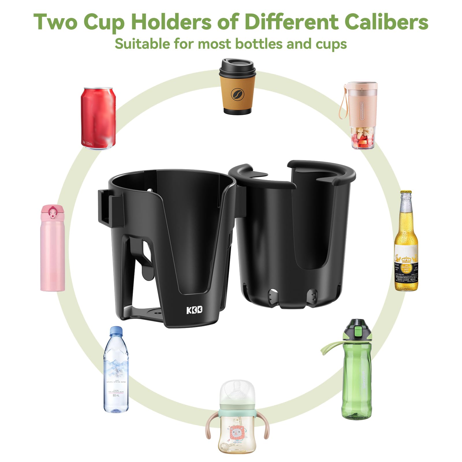 KDD Stroller Cup Holder with Phone Holder, 3-in-1 Removable Bottle Holder, 360 Degrees Rotation Drink Holder for Wheelchair, Stroller, Bike, Walker, Scooter, Bicycle, Uppababy, Bugaboo, Britax
