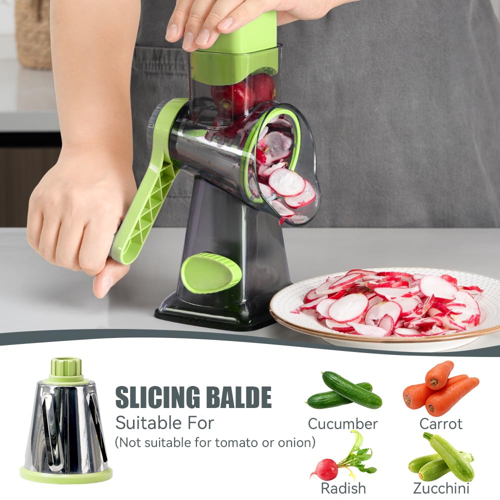 KEOUKE Rotary Cheese Grater Hand Crank Transparent - Shredder Slicer Grinder 3 Stainless Steel Blades, Stable Suction, Labor-Saving Handle, Safe Kitchen Tool for Cheese, Vegetable, Nuts, Chocolate