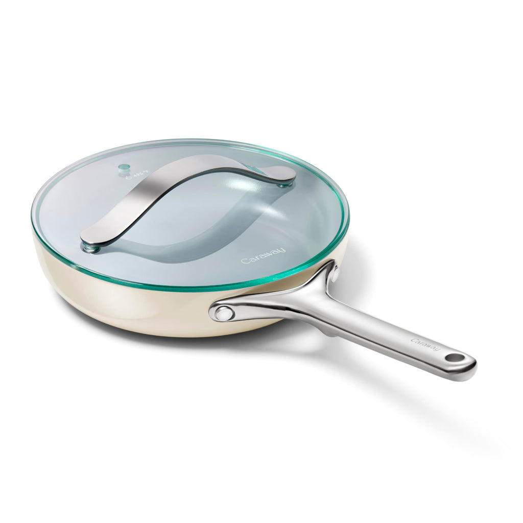 Caraway Nonstick Ceramic Frying Pan With Glass Lid (2.7 qt, 10.5") - Non Toxic, PTFE & PFOA Free - Oven Safe & Compatible with All Stovetops (Gas, Electric & Induction) - Cream