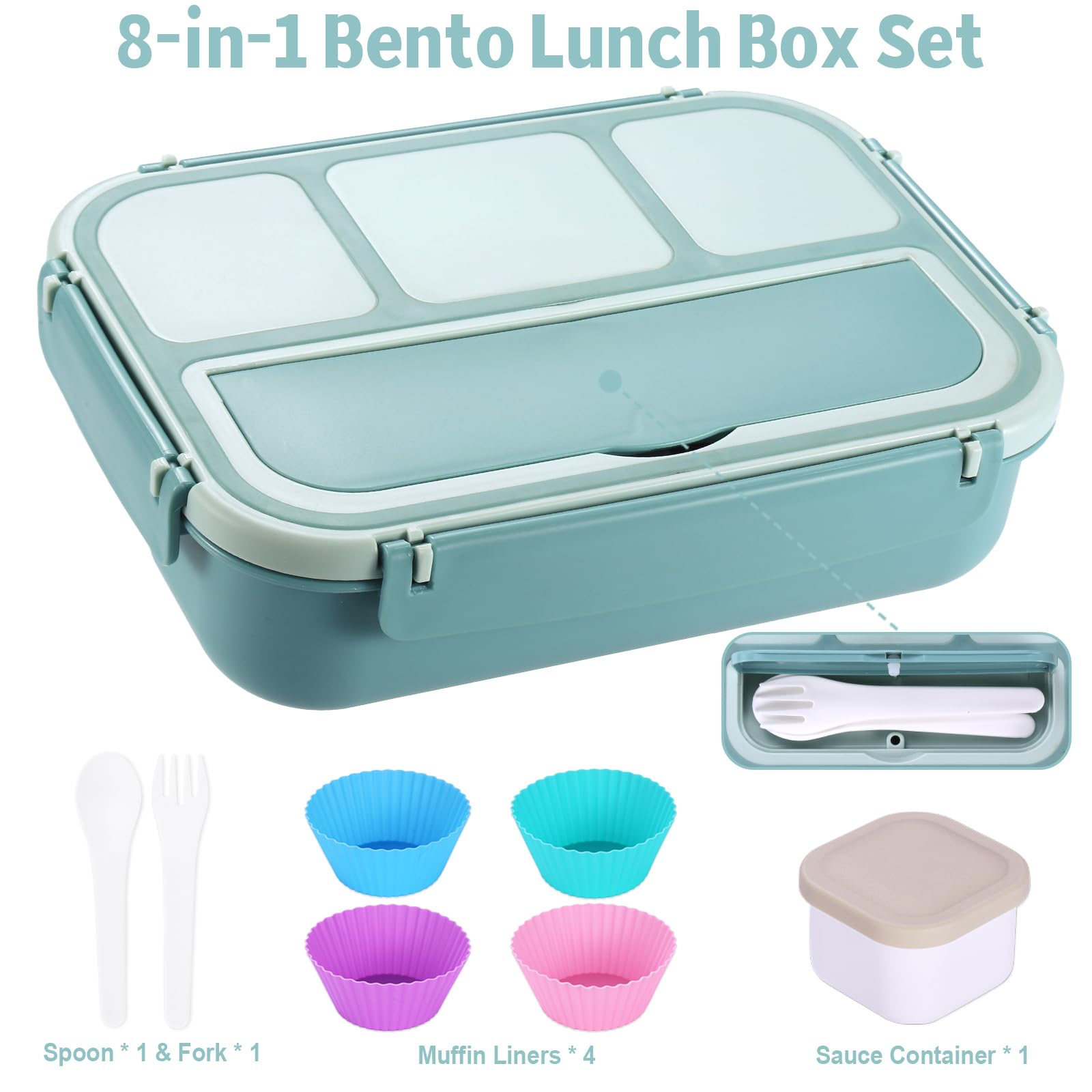 Bento Box Adult Lunch Box, Containers for Adults Men Women with 4 Compartments, Lunchable Food Container with Utensils, Sauce Jar, Muffin Liners, 40 Oz/5 Cup, Microwave & Dishwasher Safe, Brown