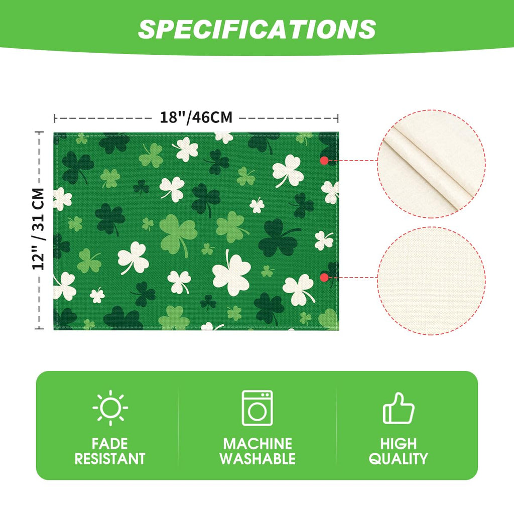 Artoid Mode Green Shamrock St. Patrick's Day Placemats Set of 4, 12x18 Inch Seasonal Spring Table Mats for Party Kitchen Dining Decoration