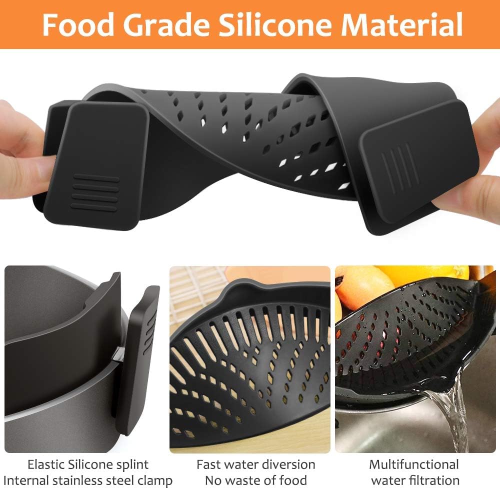 YEVIOR Clip on Strainer for Pots Pan Pasta,Silicone Food Pan Strainer | Food-grade BPA-free,Kitchen Food Strainer for Spaghetti, Pasta,Vegetable Fruits Fits All Bowls and Pots (Green)
