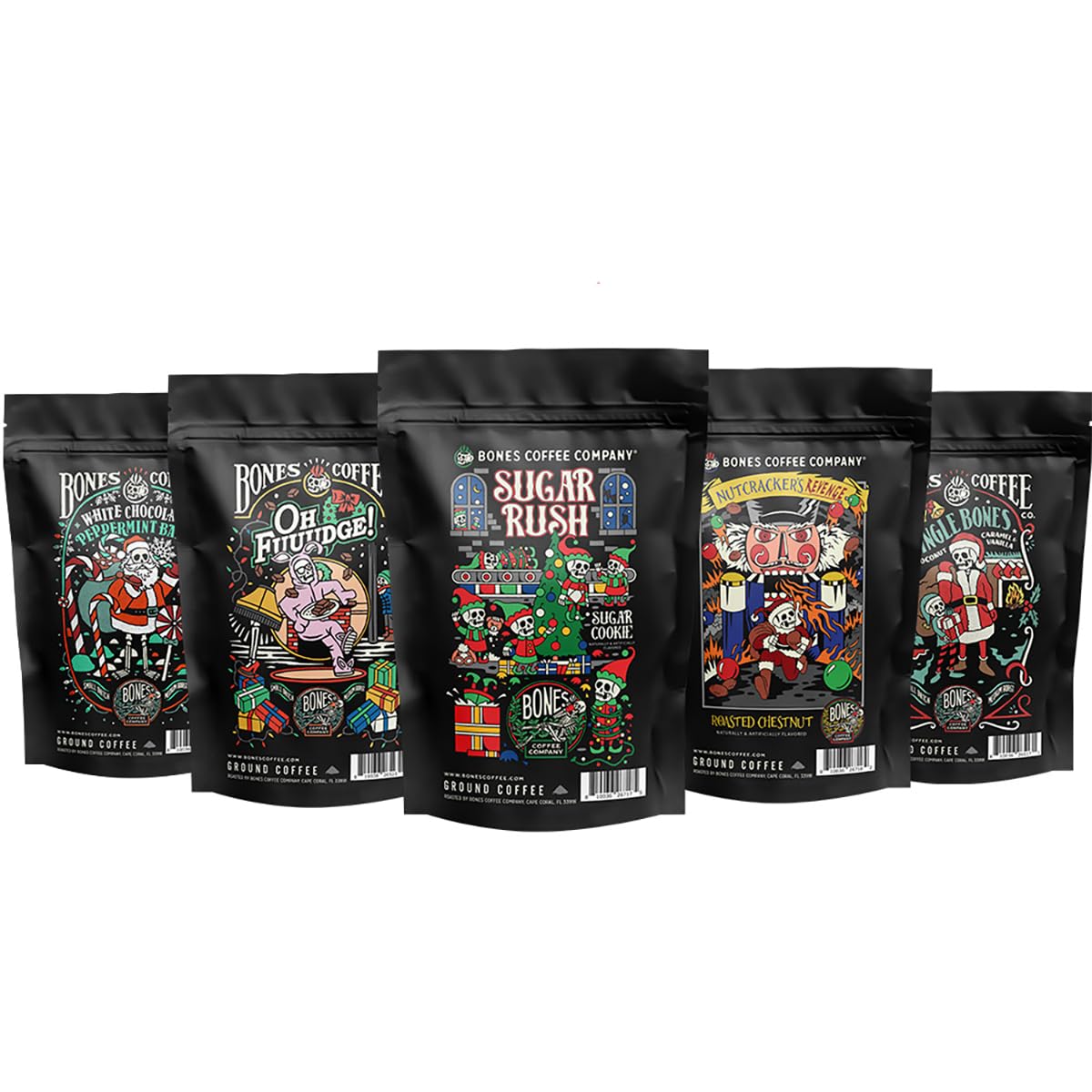 Bones Coffee Company NEW Favorite Flavors Sample Pack, Assorted Flavored Coffee Low Acid Medium Roast Arabica Beans Specialty Coffee Gifts, Auto Drip and French Press Compatible, 4 oz Pack of 5 Ground