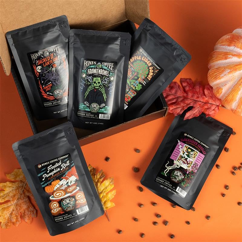 Bones Coffee Company NEW Favorite Flavors Sample Pack, Assorted Flavored Coffee Low Acid Medium Roast Arabica Beans Specialty Coffee Gifts, Auto Drip and French Press Compatible, 4 oz Pack of 5 Ground
