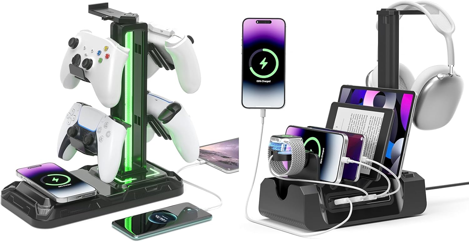 KDD Headphone Controller Stand with Wireless Charging & 6 in 1 Charging Dock with Headphone Stand and Watch Holder