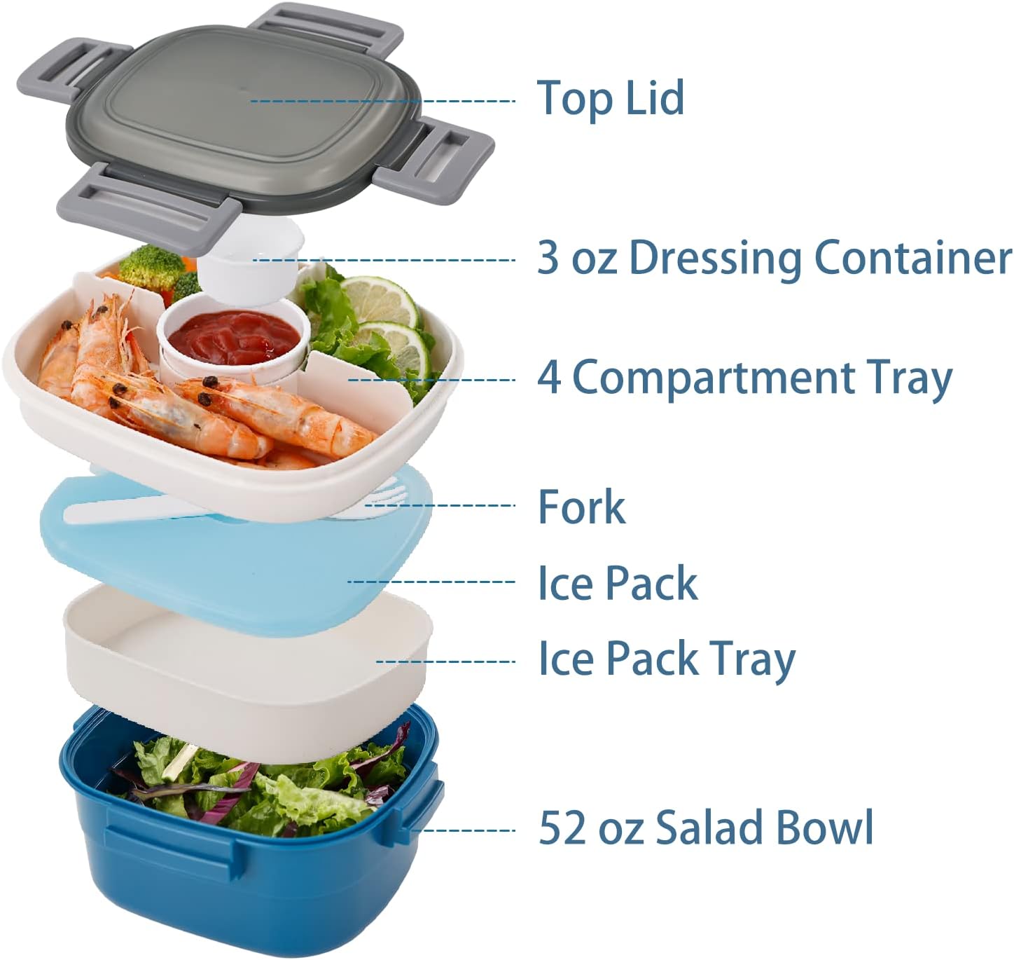 Freshmage Salad Lunch Container To Go, 52-oz Salad Bowls with 3 Compartments, Salad Dressings Container for Salad Toppings, Snacks, Men, Women (Blue+Grey) Ice Pack