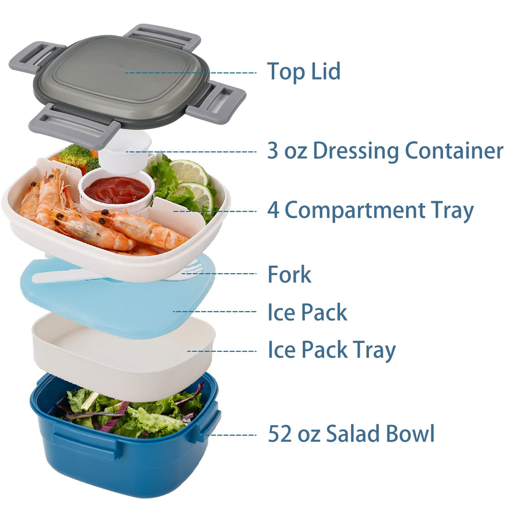 Freshmage Salad Lunch Container To Go, 52-oz Salad Bowls with 3 Compartments, Salad Dressings Container for Salad Toppings, Snacks, Men, Women (Blue)