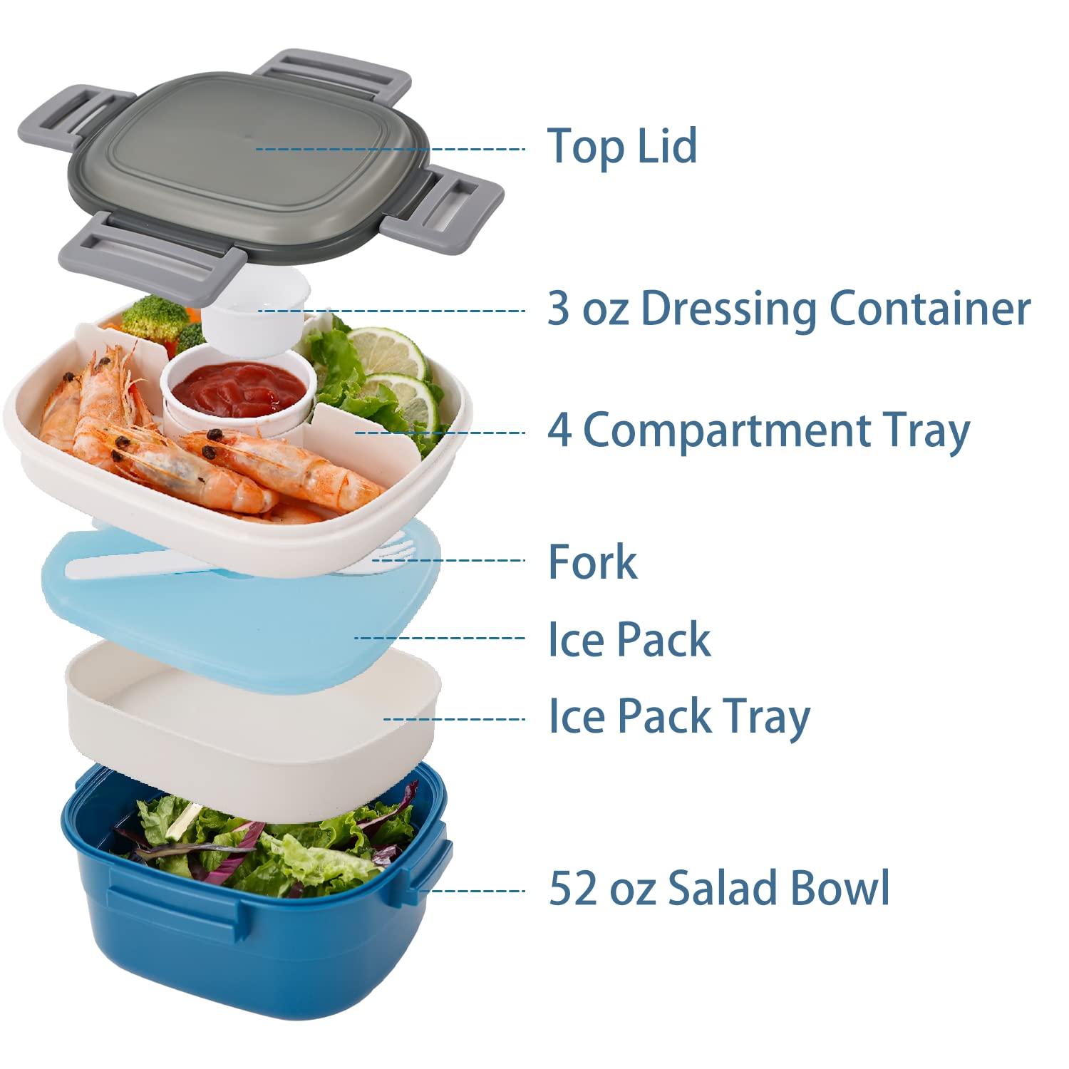 Freshmage Salad Lunch Container To Go, 52-oz Salad Bowls with 3 Compartments, Salad Dressings Container for Salad Toppings, Snacks, Men, Women (Blue)
