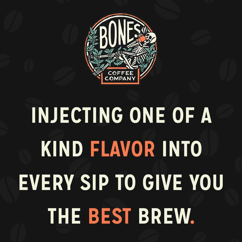 Bones Coffee Company Fallout Rocky Route 66, Rocky Road Flavored Coffee, Medium Roast Low Acid Arabica Beans Compatible with Auto drip and French Press Coffee Maker, 12 Oz Ground