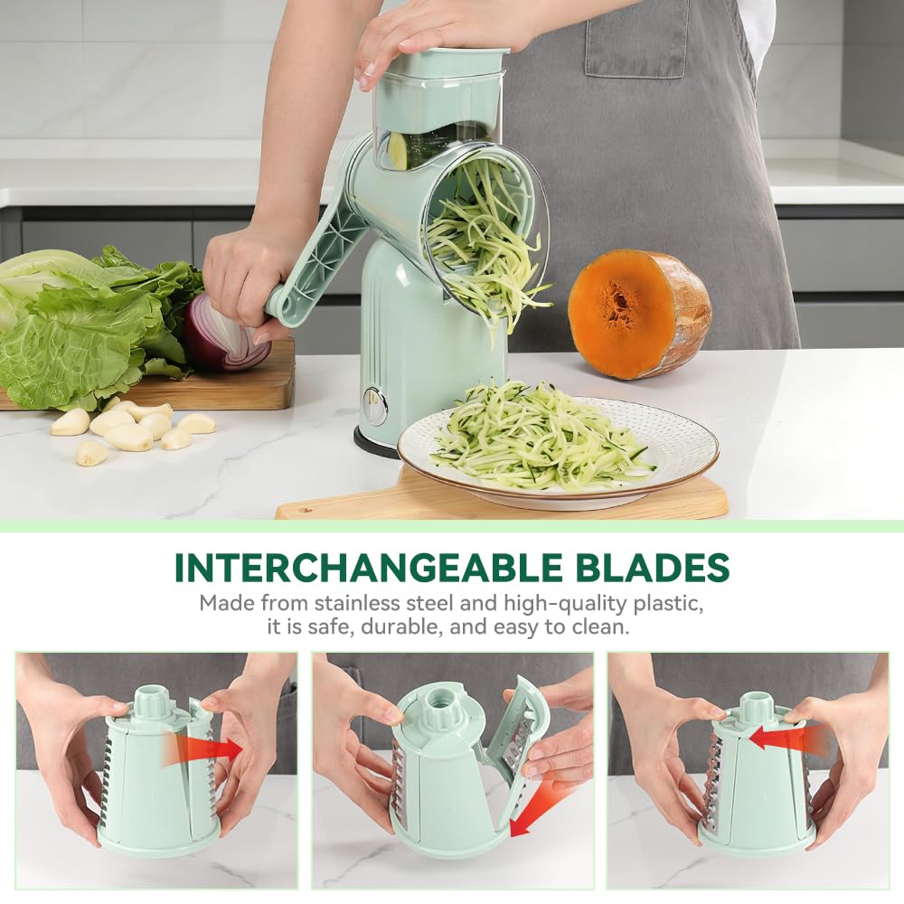 KEOUKE Rotary Cheese Grater 5 in 1 White - Hand Crank Vegetable Cutter, Shredder, Slicer, Enlarge Input, Suction Base, Labor-Saving Handle, Blade Storage Box, for Onion, Potato, Vegetable, Nuts, etc