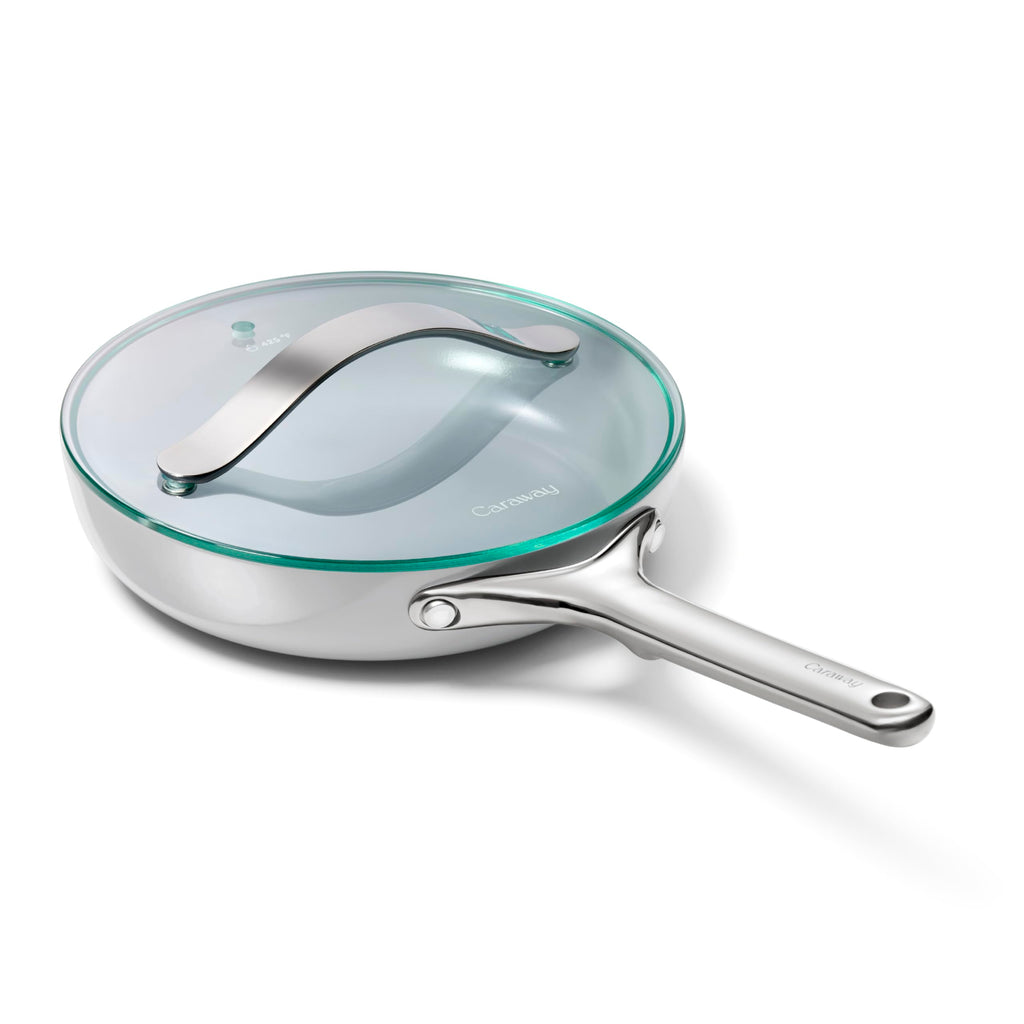 Caraway Nonstick Ceramic Frying Pan With Glass Lid (2.7 qt, 10.5") - Non Toxic, PTFE & PFOA Free - Oven Safe & Compatible with All Stovetops (Gas, Electric & Induction) - Cream