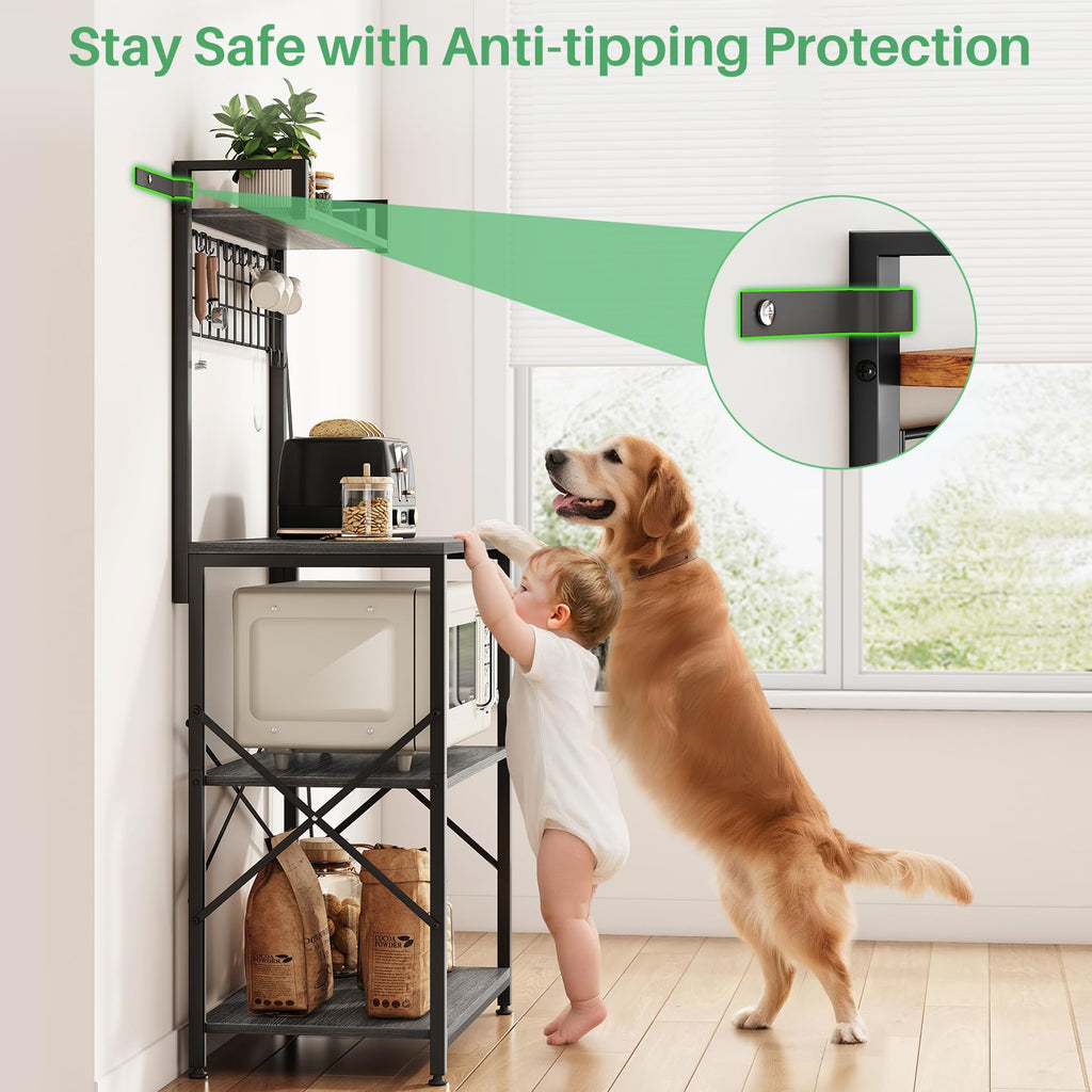 SNTD Bakers Rack with Power Outlet, Kitchen Shelves Microwave Stand with Wire Grid and 10 Hooks, 4 Tiers Coffee Stand (Rustic Brown, 23.5 x 15.6 x 52.8 Inches)