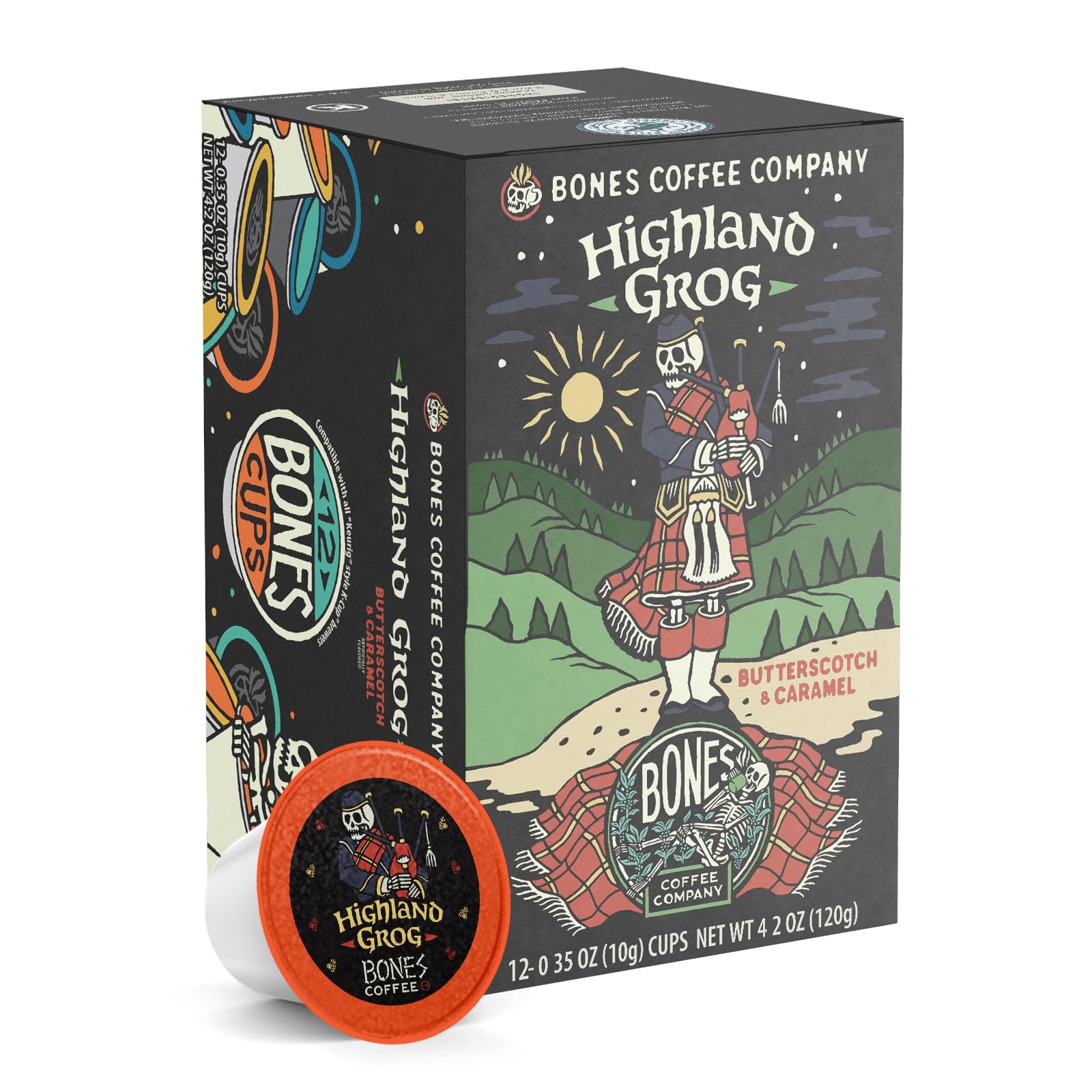Bones Coffee Company Flavored Coffee Bones Cups Highland Grog Butterscotch Caramel | 12ct Single-Serve Coffee Pods Compatible with Keurig 1.0 & 2.0 Keurig Coffee Maker