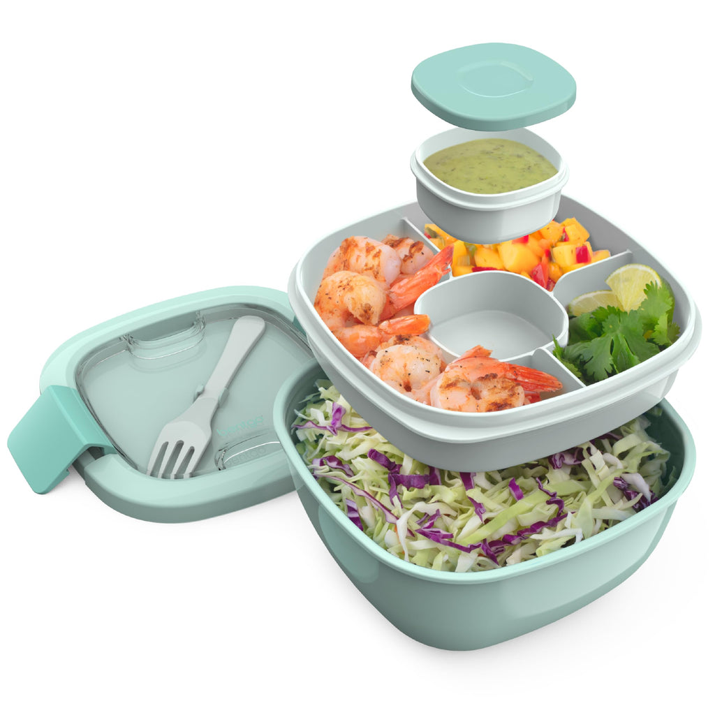 Bentgo Salad Container - 54 oz Bowl with 4-Compartment Toppings Tray, Leak-Proof Dressing Container, Reusable Fork, BPA-Free Lunch Box for Meal Prep & Food Storage; Removable Bento Tray (Khaki Green)