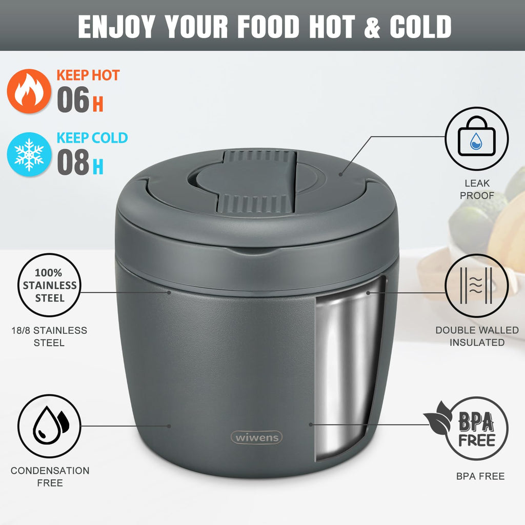 Thermo Food Jar for Hot Food Adults 32OZ Soup Thermo Lunch Containers Wide Mouth Vacuum Insulated Stainless Steel Leakproof Bento Box with Spoon (Black)