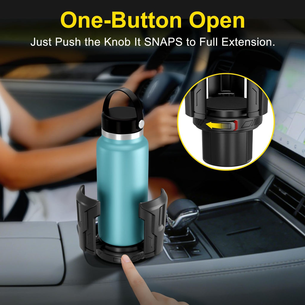 Cup Holder Expander (Adjustable Holder & Base, Auto-Fit Hold, One Button Open), Car Cup Holder Expander for Yeti, Hydro Flask, Nalgene, Owala, Bottles in 2.6"- 4.8" (Light Black, 1 Pack)