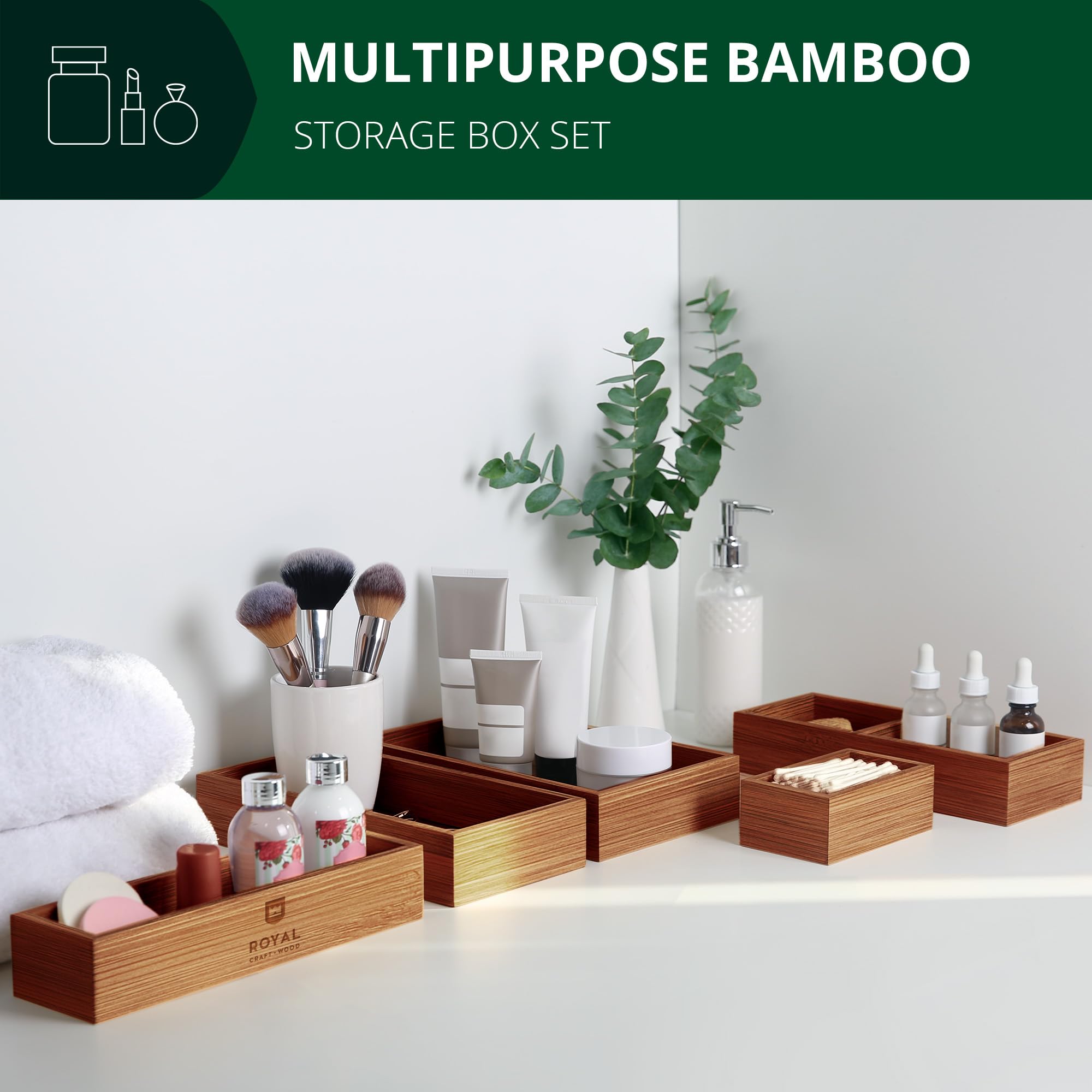 ROYAL CRAFT WOOD 5-Piece Bamboo Drawer Organizer Set – Multi-Use Storage Trays for Kitchen, Bathroom, Office, Makeup, Jewelry & More – Junk Drawer Tray, Utensil Holder, Storage Box & Bin Set (5 Boxes)
