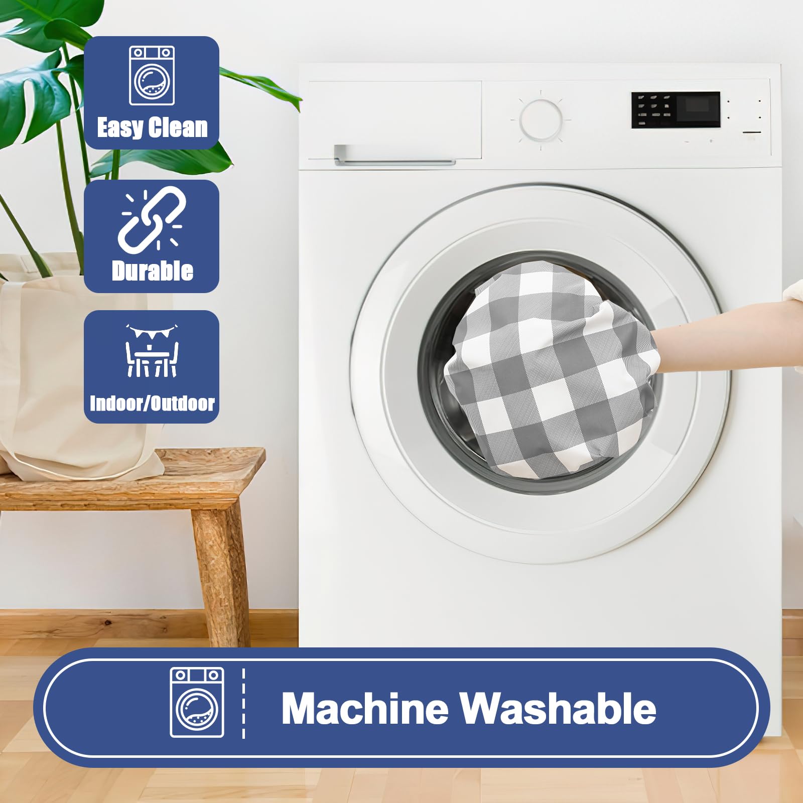 Smiry Picnic Table Cover with Bench Covers, Waterproof Elastic Fitted Tablecloths for 6 Foot Rectangle Tables, Washable Buffalo Plaid Tablecloth for Camping, Outdoor (Black & White, 30"x72")