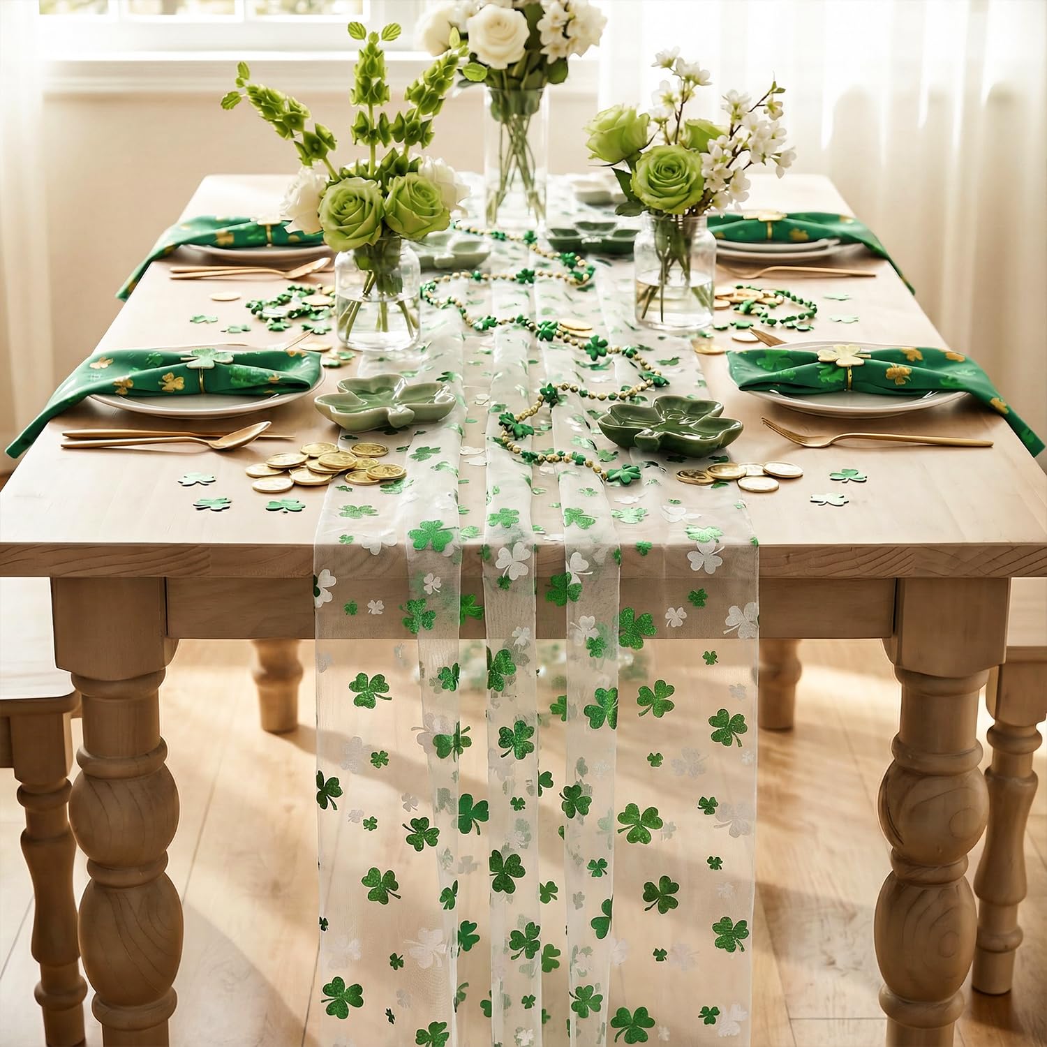 Artoid Mode Gauze Green Shamrocks St.Patrick's Day Table Runner 120 Inch 10FT,Seasonal Sheer Dining Holiday Baby Shower Table Decor for Home Party