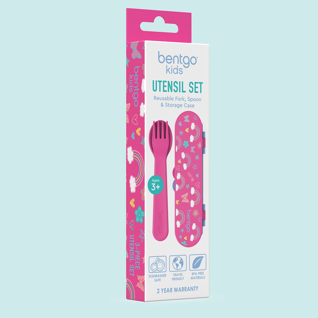 Bentgo Kids Utensil Set - Reusable Plastic Fork, Spoon & Storage Case BPA-Free Materials, Easy-Grip Handles, Dishwasher Safe Ideal for School Lunch, Travel, Outdoors (Rainbows and Butterflies)