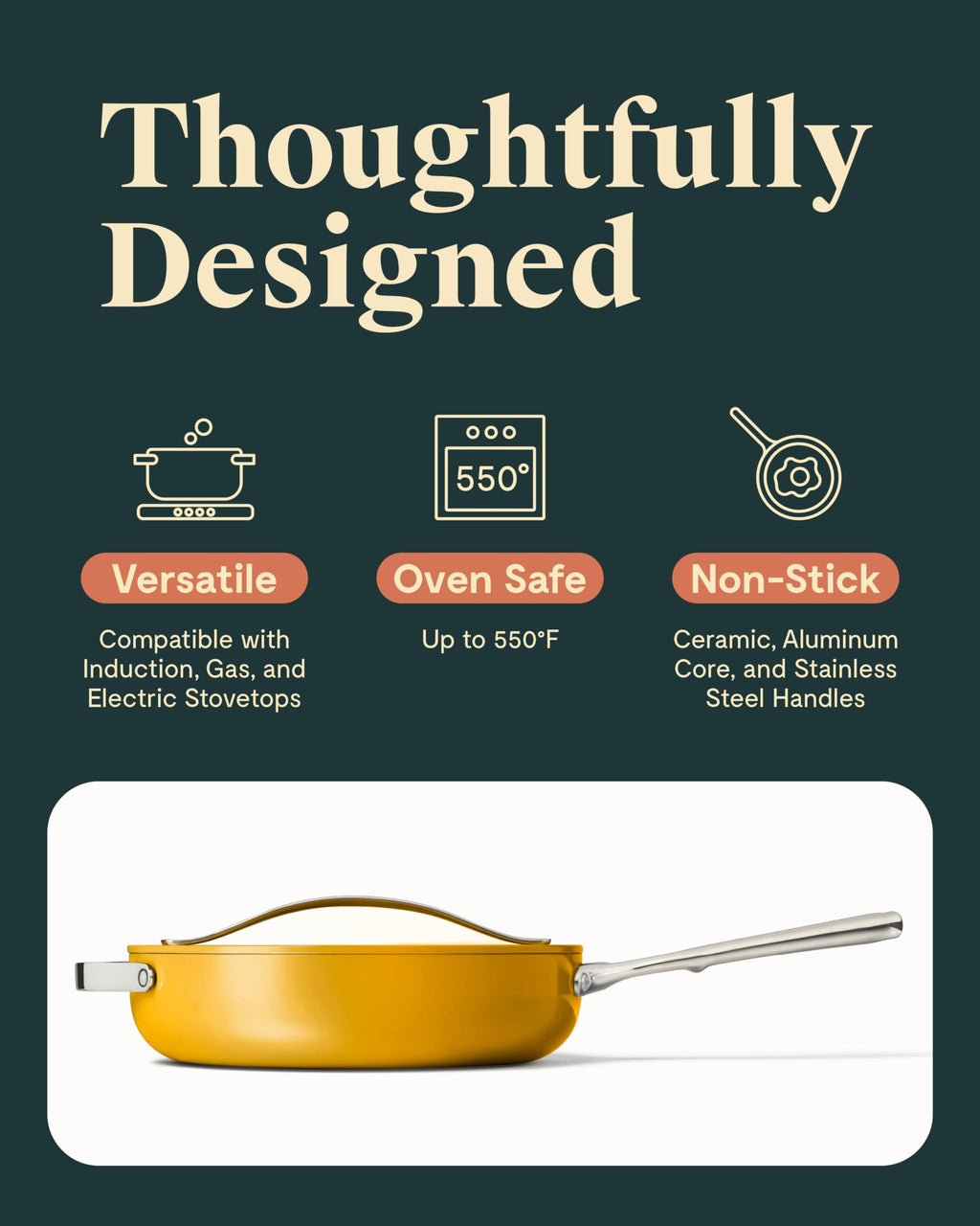 Caraway Nonstick Ceramic Sauté Pan with Lid (4.5 qt, 11.8") - Non Toxic, PTFE & PFOA Free - Oven Safe & Compatible with All Stovetops (Gas, Electric & Induction) - Cream