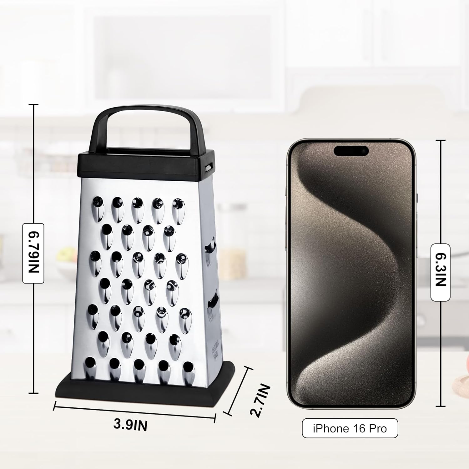 Cheese Grater, Mini Size 4-Sided Stainless Steel Grater, Food Shredder for Cheese, Parmesan, Vegetable, Dishwasher Safe, Black