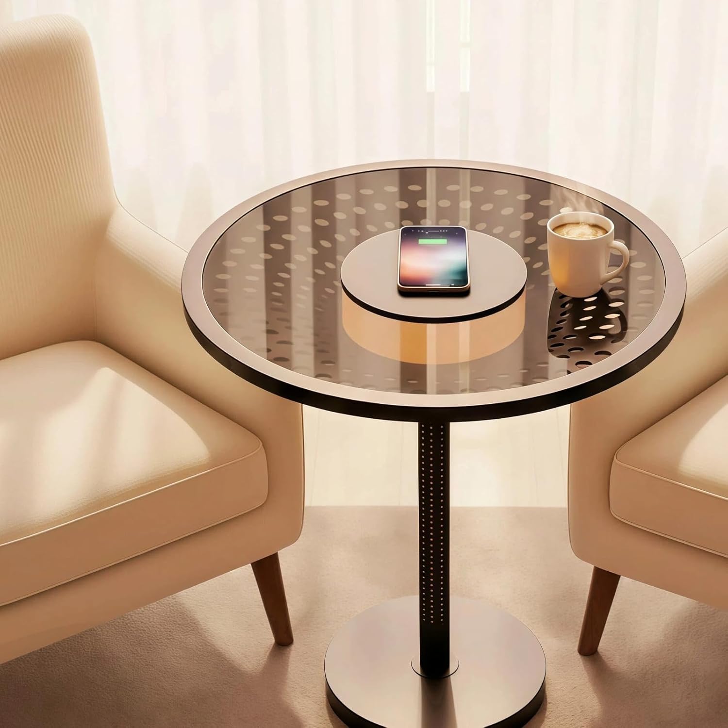 JOOFO End Table, Side Table with Ambient Light and Wireless Charging, Nightstand, Small End Table for Bedroom and Living Room, Lamp Table with Touch Dimming, Accent Table, Black