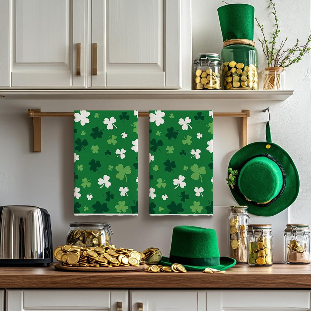 Artoid Mode Green Clover Shamrock St. Patrick's Day Kitchen Towels Dish Towels, 18x26 Inch Farmhouse Holiday Spring Decoration Hand Towels Set of 2