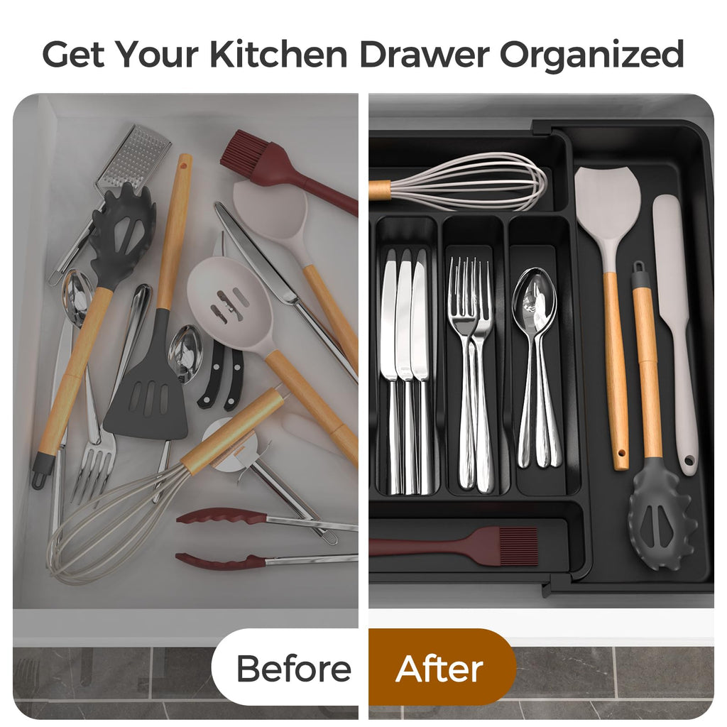 Extra Large Expandable Silverware Organizer, BPA-Free Food-Safe Cutlery Flatware Organizer, Kitchen Utensil Drawer Organizer, Adjustable Silverware Holder for Spoons Forks Knives, Black