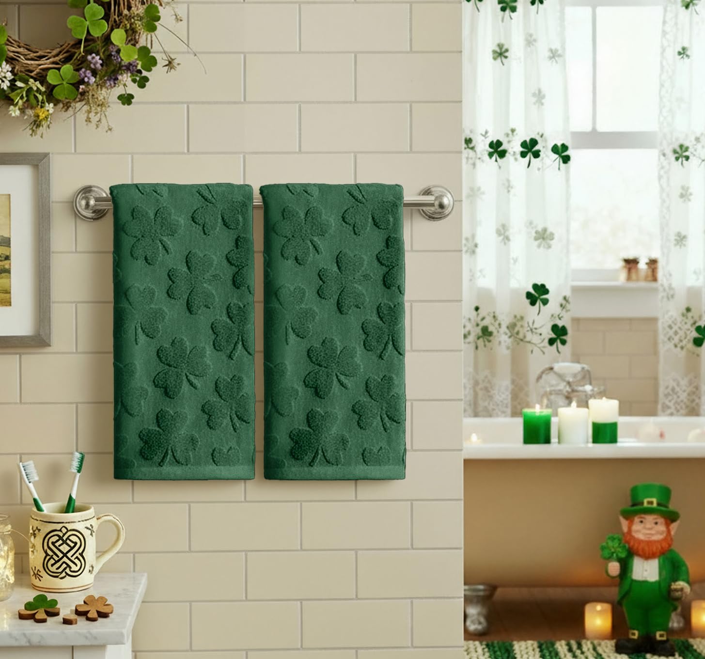 Artoid Mode 2 Pcs Dark Green 3D Shamrock Jacquard Patrick Hand Towels for Bathroom, 100% Cotton Soft Absorbent Bathroom Decor Towels, 13.7 x 29.5 Inch