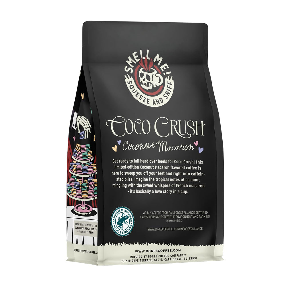 Bones Coffee Company Cinnamon Roll Flavored Coffee, Medium Roast Low Acid Arabica Beans Compatible with Auto drip and French Press Coffee Maker, 12 Oz Whole Bean